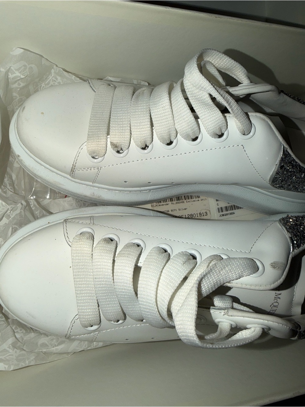 Alexander McQueen White Kids Sneakers with Silver Glitter Heel